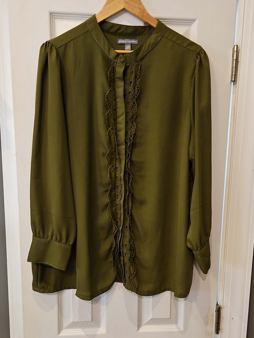Jessica London Olive Lace-Trim Button Front Blouse